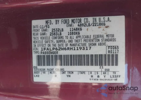 1994 Ford Thunderbird Lx из США, поврежденный, VIN 1FALP62W6RH119317